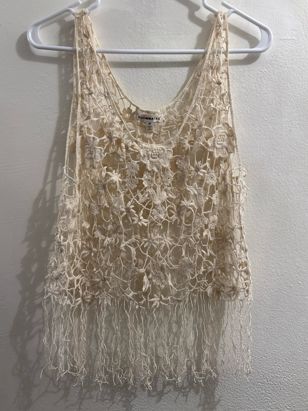 Vintage Rare Roommates Cream Crochet Fringe Tank Top Shirt